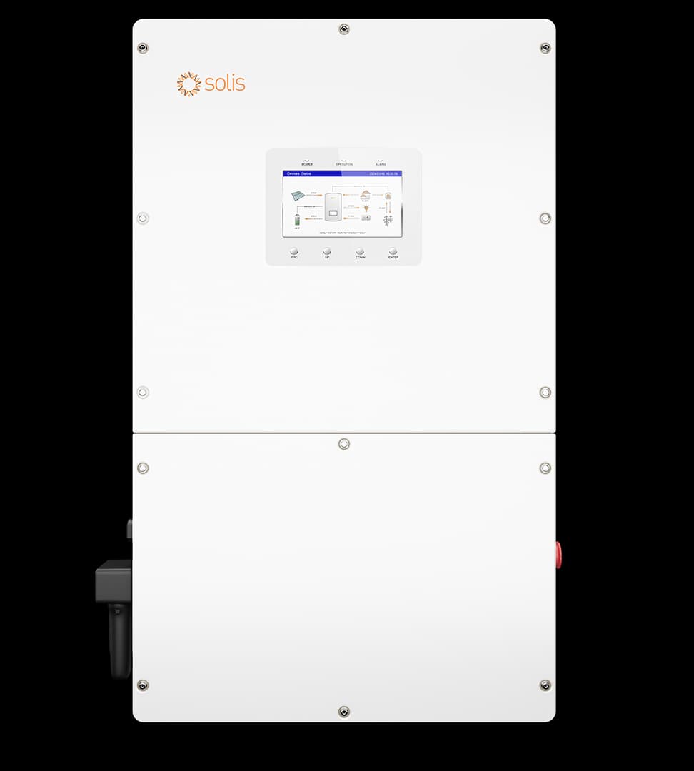 Solis 50kW Three Phase High Voltage Hybrid Inverter, 4 MPPTs, 50,000W Output, Max. Efficiency 97.38%.
